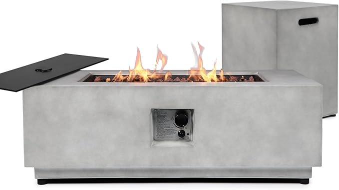 SiTimmGer 2 Pieces 42-Inch Outdoor Propane Fire Pit Table w/Tank Cover - 50,000 BTU, Concrete Rectangle Firepits | Integrated Ignition, Steel Lid, Lava Rocks & Rain Cover Included
