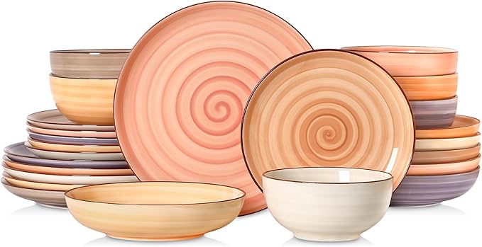 Selamica Ceramic Plates and Bowls Sets,24 Pieces Dinnerware Sets for 6,Scratch Resistant Dish Set for holiday gathering,Dishwasher & Microwave Safe, Maillard