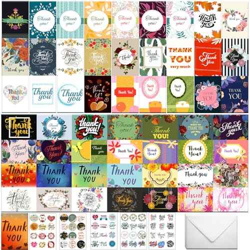 56 Bulk Thank You Cards, Assorted Thank You Cards with Envelopes, Matching Stickers and Storage Box - 5 x 7 Inch Blank Thank You Greeting Cards