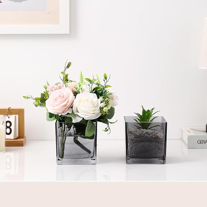 Square Grey Glass Vases Set of 2, 6" x 6" x 6" Square Vase for Centerpieces, Flower Vases for Centerpieces, Small Vase for Wedding, Party, Home Office Decoration