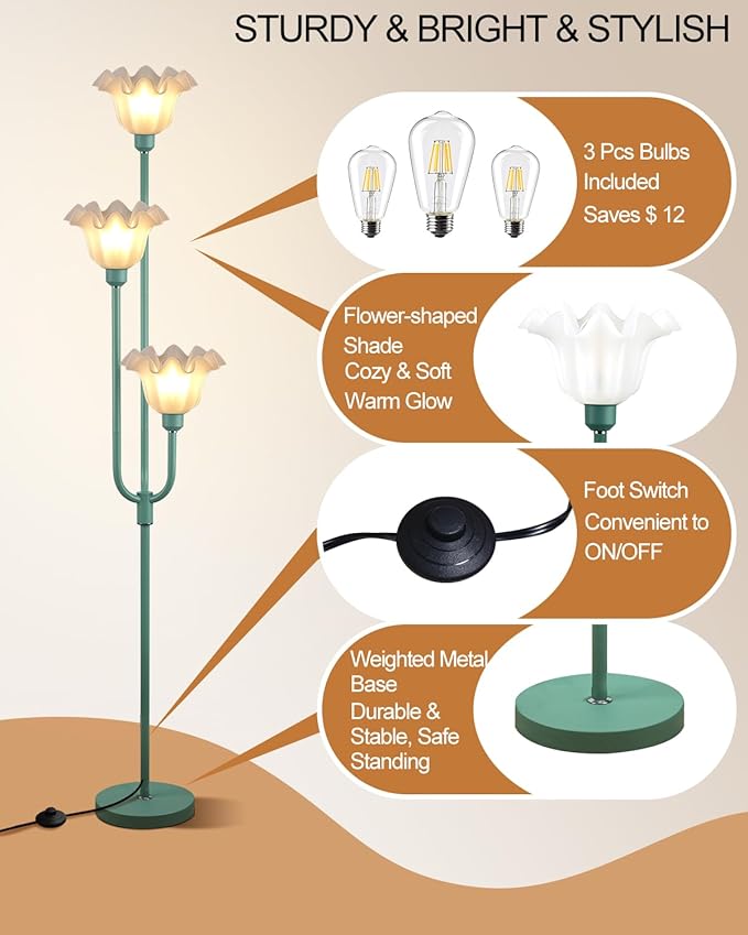 66 Inch Flower Green Floor Lamp for Living Room Bedroom Office, 3-Light Mid Century Standing Lamp with 3000K Warm White LED Bulbs, Vintage Floral Lamp with Heavy Stable Base & Foot Switch