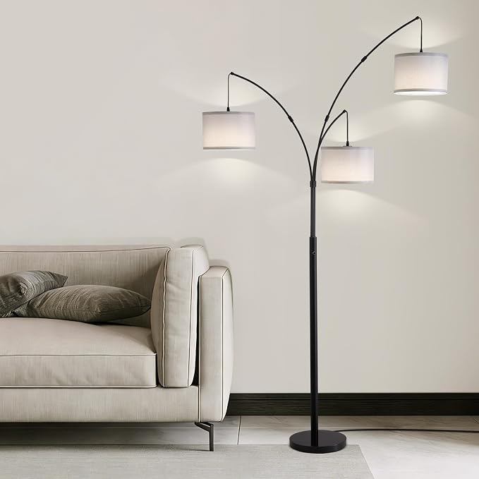 Netin 3 Light Arc Floor Lamps for Living Room, Led Floor Lamp with Remote Control, Modern 80" Tall Standing Lamp with Gray Shades, 3 Color Temperature, Mid Century Tree Floor Lamp for Bedroom, Office