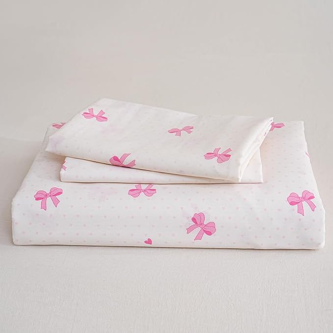 Pink Bow Duvet Cover Set King 100% Nature Cotton Duvet Cover 3 Pcs Girls Cute Comforter Cover with Zipper Closure Ultra Soft Breathable Bedding Set for All Seasons