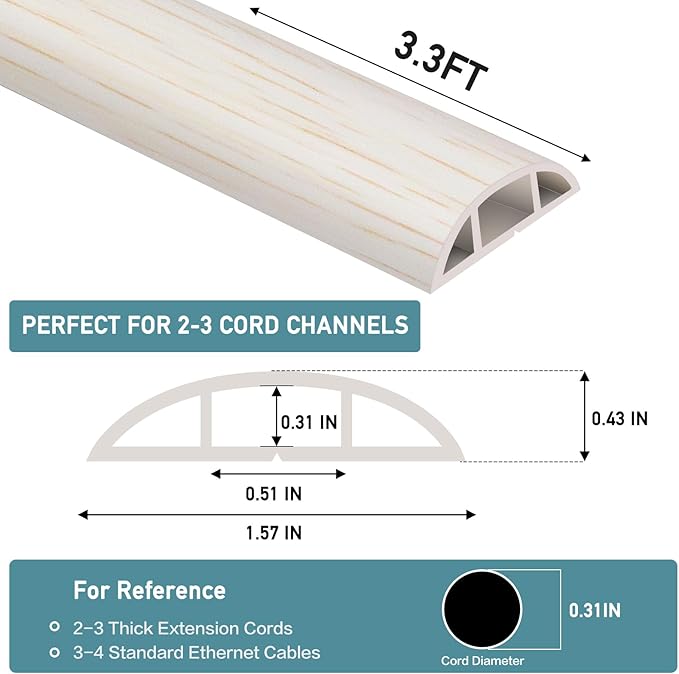 Floor Cord Cover Self Adhesive Cord Hider Floor Extension Cord Covers for Floor Power Cord Protector Cable Management Prevent Cable Trips Cable Cavity 0.51" W x 0.31" H (Beige Wood, 3.3Ft)