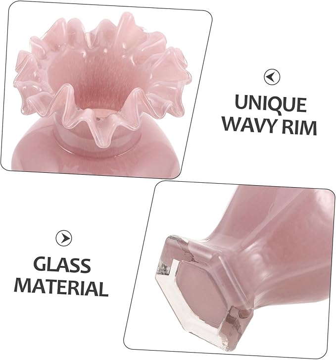 Pearlescent Pink Handblown Glass Vase with Artistic Curved Rim Unique Decorative Flower Display for Home Decor Living Centerpiece Wedding Table Accent