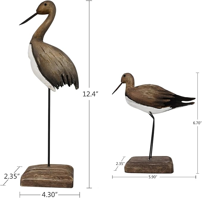 Wood Bird Statue Nautical Decor Decorative Sea Birds Sculpture Wooden Tabletop Figurine Coastal Ocean Beach Themed Decoration for Home Yard Bathroom Living Room (6.7" + 12.4" H)