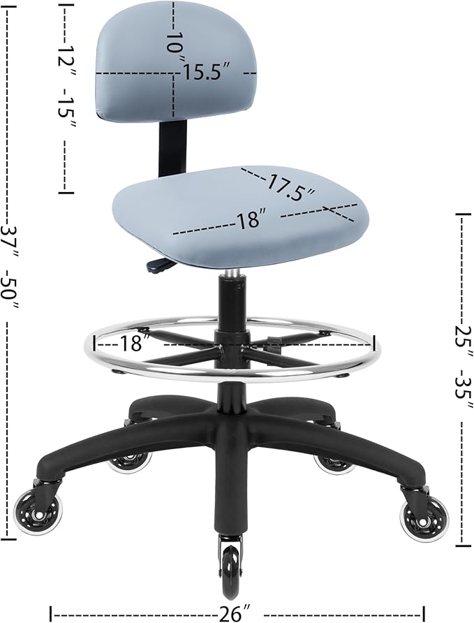 Chair Master FSS Series Square seat Tall (25"-35") seat Height Chair. Vinyl-for Office, Garage, Desk, Shop, Computer, Doctor, Medical, Easy to Clean! 18" Footring (Gray, Tall, Rubber Roller Casters)