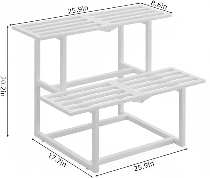 Plant Stand Indoor Outdoor, Foldable Metal Plant Shelf for Multiple Pots, Mid Century Slatted Bench for Patio Garden, Heavy Duty Capacity 330 lbs 2 Tier White