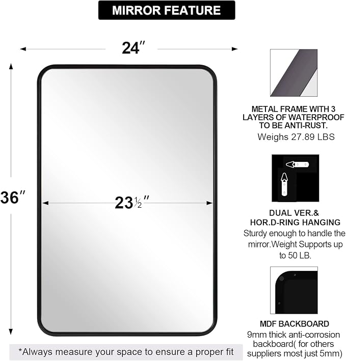 ANDY STAR 24x36‘’ Black Bathroom Mirror Over Sinks, Rounded Rectangle Mirrors for Bathroom Vanity Tube Metal Framed Wall-Mounted Vertical/Horizontal for Home Remodel
