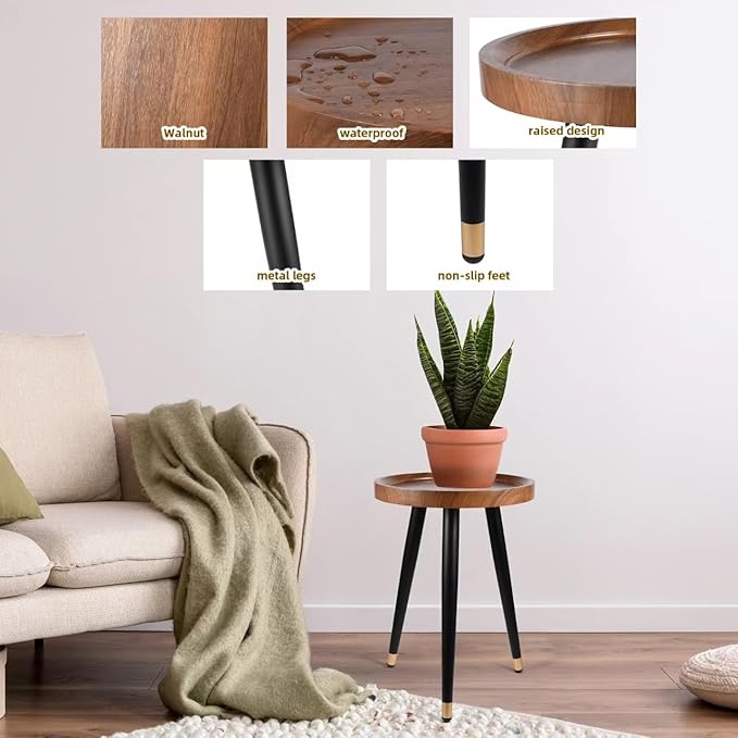 KGPLOME Indoor Plant Stand with Raised Design, End Table with Metal Tall | 11.8"x17" Walnut Round Wood Mid Century Plant Table Heavy Duty Small Side Flower Pot Stand
