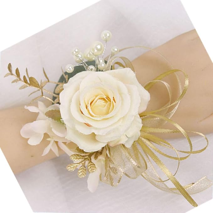 USIX 2pc Pack-Handmade Artificial Flower Rose with Gold Leaves Ribbons Artificial Pearls Wrist Corsage Hand Flower with Elastic Wristband for Girl Bridesmaid Wedding Party Prom (Wrist Corsage)
