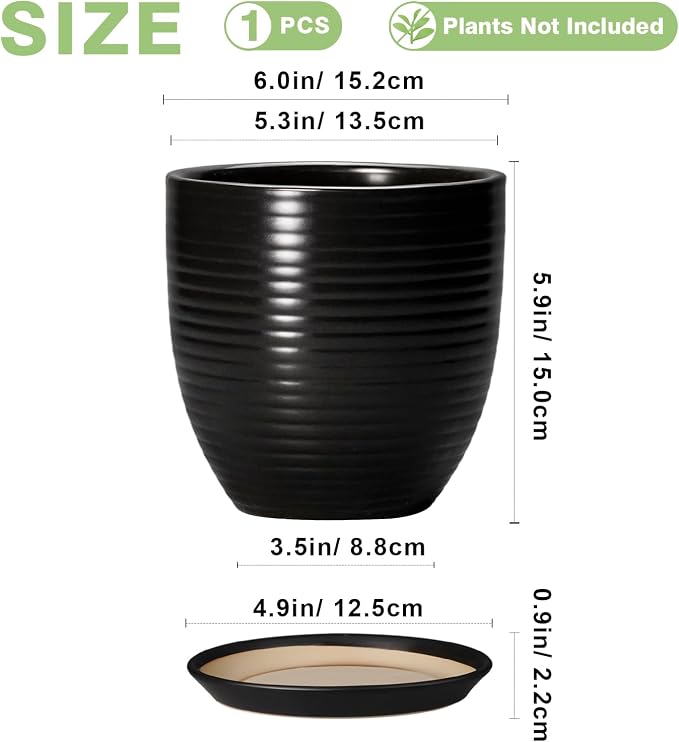 6 Inch Plant Pot - Ceramic Planters for Indoor Outdoor Plants, Modern Flower Pots with Drainage Hole and Saucer, Round Ceramic Planter, Office Room Decor, Gifts for Plant Lovers, Matte Black