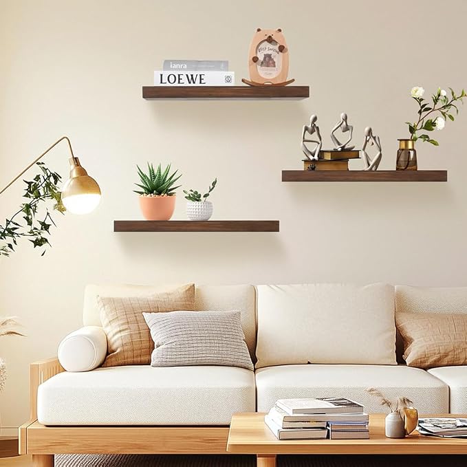 Wood Floating Shelves for Wall Set of 3, 22 Inch Rustic Floating Shelf Wall Mount, Solid Wooden Bathroom Floating Shelves for Kitchen, Bedroom, Living Room - Dark Walnut