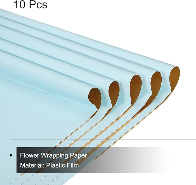 MECCANIXITY 10 Pcs Double Sided Color Flower Wrapping Paper Light Blue+Gold 22.8"x22.8" Waterproof for Florist Bouquet Supplies, DIY Crafts, Gift Box Packaging