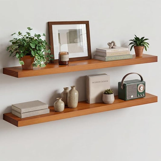 Homeforia Oak Floating Shelves 42 inch Long, High End Solid Real Wood 42inch Floating Shelf for Wall Mounted, Honey Oak Wooden 42in Floating Shelves, Heavy Duty Bracket, 42 X 6.5 X 1.75 in, Set of 2
