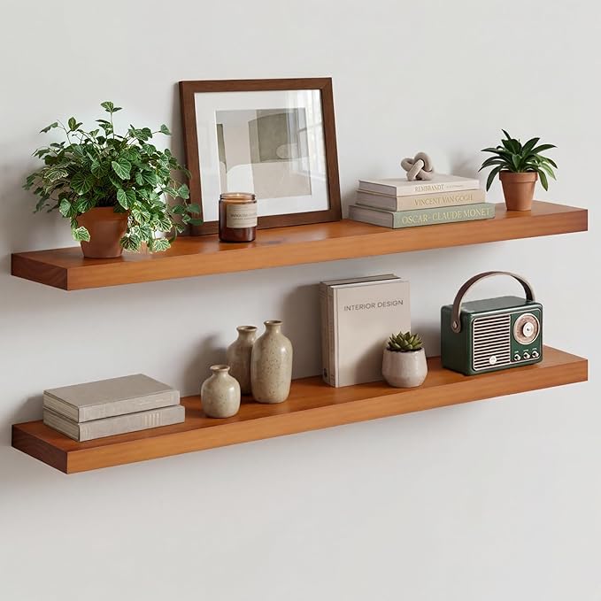 Homeforia Oak Floating Shelves 42 inch Long, High End Solid Real Wood 42inch Floating Shelves for Wall Mounted, Honey Oak Wooden 42in Floating Shelf, Heavy Duty Bracket, 42 X 6.5 X 1.75 in, Set of 3