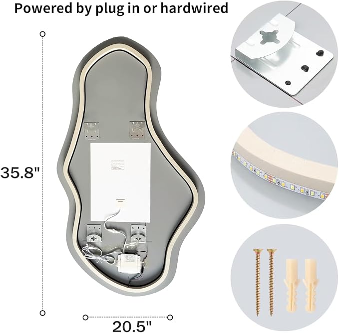 Modern Irregular LED Bathroom Mirror with Lights, Asymmetrical Frameless Smart Lighted Wall Mirror for Living Room Entryway, Large Decorative Makeup Vanity Mirror with Touch Switch(20.5″x35.8″)