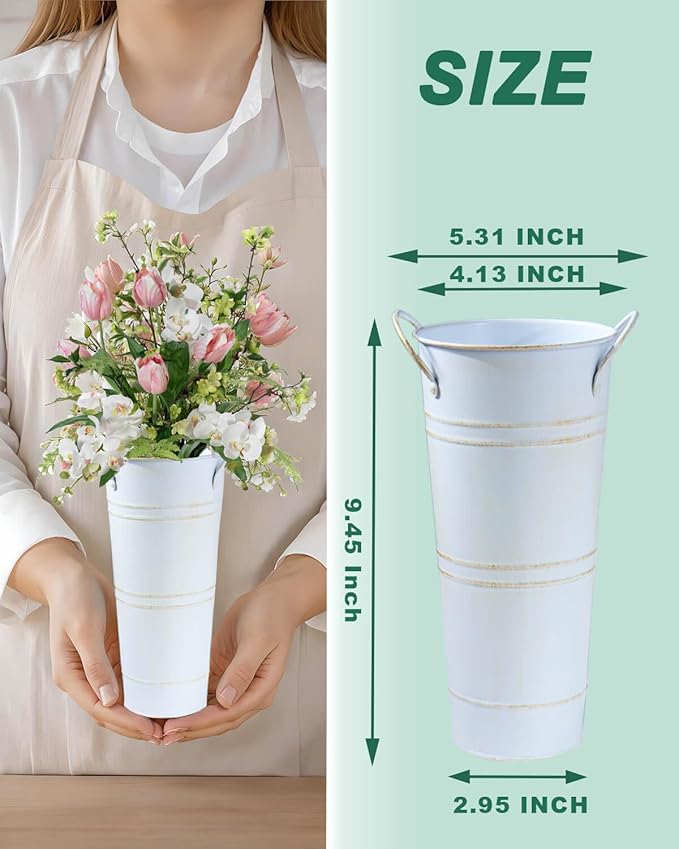 9 Inch Galvanized Metal Vases for Flowers - 2 Pcs Farmhouse Decorative Tall Flower Bucket with Handles, Rustic French Tin Planter Buckets for Wedding Decor (Vintage White)