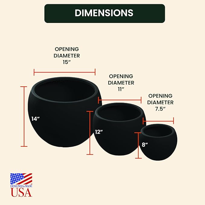 Beuta Large Planters for Outdoor Plants - Set of 3, 8/12/14 Inches Outdoor Planters for Porch - Tall Planter for Outdoor & Indoor Plants | Large Indoor Plant Pot - USA Made - Black
