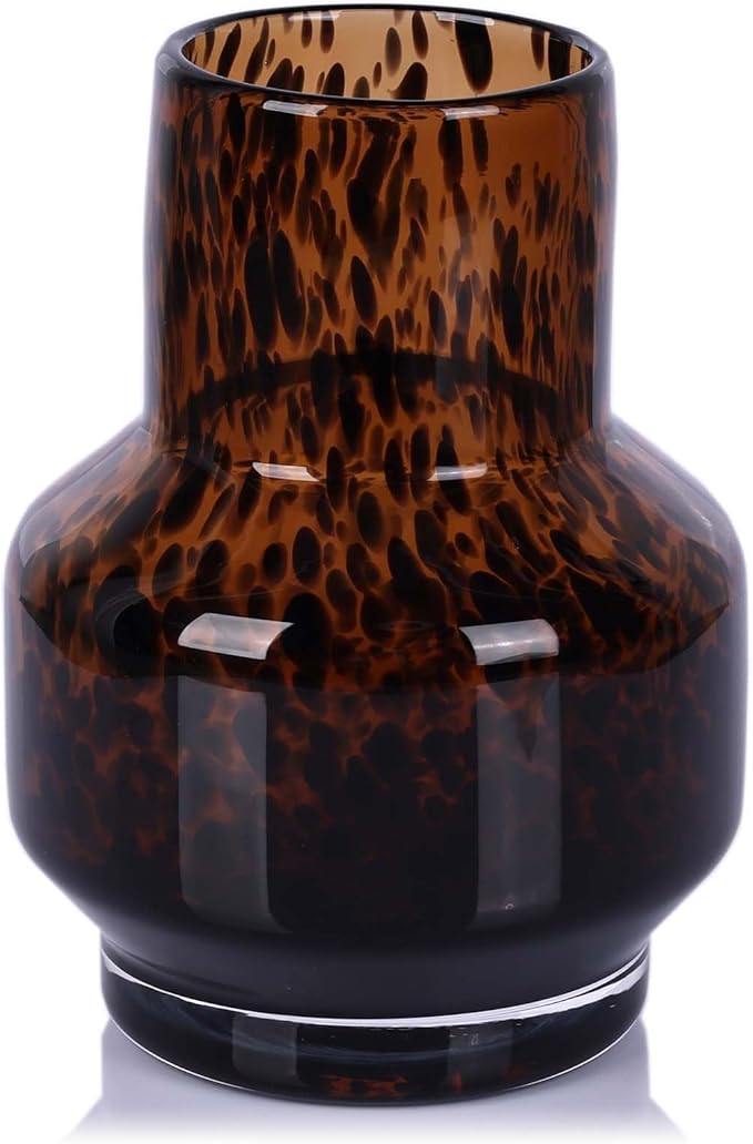 Amber Vase – Brown Glass, Modern Clear Glass Vase with Wide Mouth for Flowers, Decorative Bottles for Home Decor, Farmhouse Centerpiece, Round Art Glass Vase for Living Room, Kitchen, Office (S)