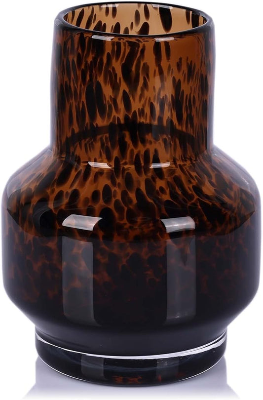 Amber Vase – Brown Glass, Modern Clear Glass Vase with Wide Mouth for Flowers, Decorative Bottles for Home Decor, Farmhouse Centerpiece, Round Art Glass Vase for Living Room, Kitchen, Office (S)