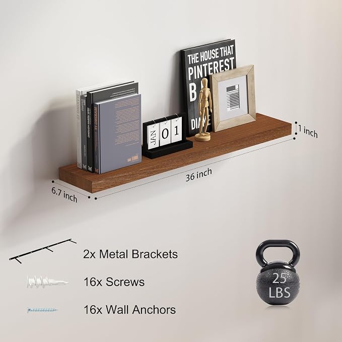 SAUMONIERES Floating Wall Shelves for Bedroom Bathroom Wall Mounted Solid Wood 36 Inches Long Shelf Set of 2, Walnut Floating Shelves