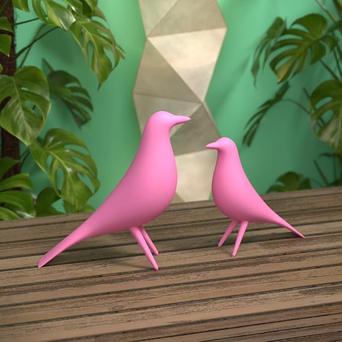 Mid Century Modern Retro Style Bird Family Decor Vintage Look Figurines 1960s 50s MCM Midmod Set of 2 Office Decoration Home Living room Gift (Pink)