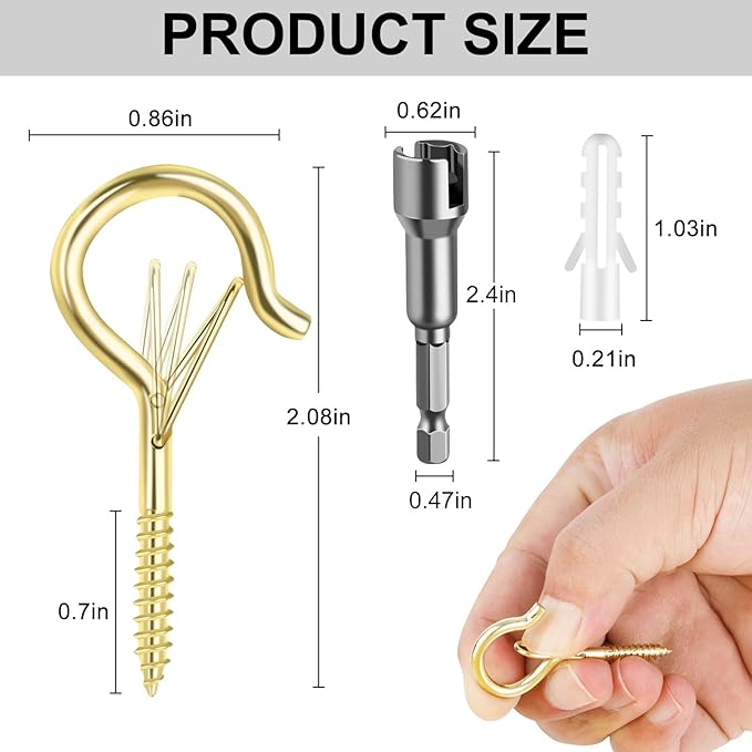 50 Pack Screw-in Hooks for Outdoor String Lights, Q Hanger Hooks for Outside, Swivel Hanging Basket Patio Hook with Safe Buckle, Plant Eye Hook for Wall Ceiling with 1 Wing Nut Driver, Gold
