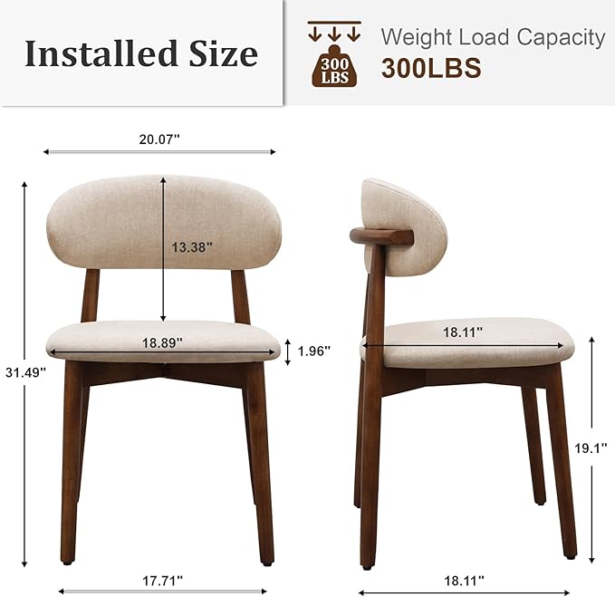 Farmhouse Dining Chairs Set of 8, Mid Century Modern Fabric Upholstered Kitchen Chairs, Wooden Dining Room Chair with Curved Back for Kitchen Dining Room Restaurant Cafe, Light Camel (Only Chairs)