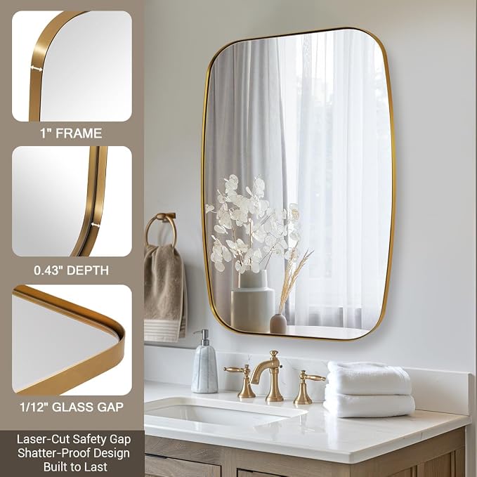 ANDY STAR Gold Mirror for Bathroom, 28x36 Inch Stainless Steel Metal Frame Oblong Bathroom Mirror for Vanity, 1’’ Deep Wall Mounted Vertically/Horizontal