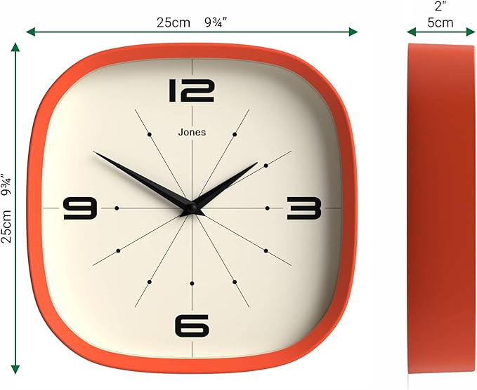 JONES CLOCKS® Pulsar wall Clock | Square Rounded Retro Clock | 10 inch | Orange | Cool Designer Look for Kitchen, Living Room or Office