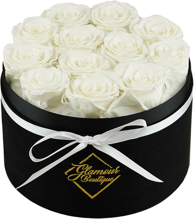 GLAMOUR BOUTIQUE Flowers Forever Gift Box 12 Real Preserved Roses in a Velvet Black Box, Birthday Gift for Her Mom and Wife, Mothers Day, Anniversary, Graduation - White