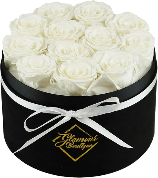 GLAMOUR BOUTIQUE Flowers Forever Gift Box 12 Real Preserved Roses in a Velvet Black Box, Birthday Gift for Her Mom and Wife, Mothers Day, Anniversary, Graduation - White