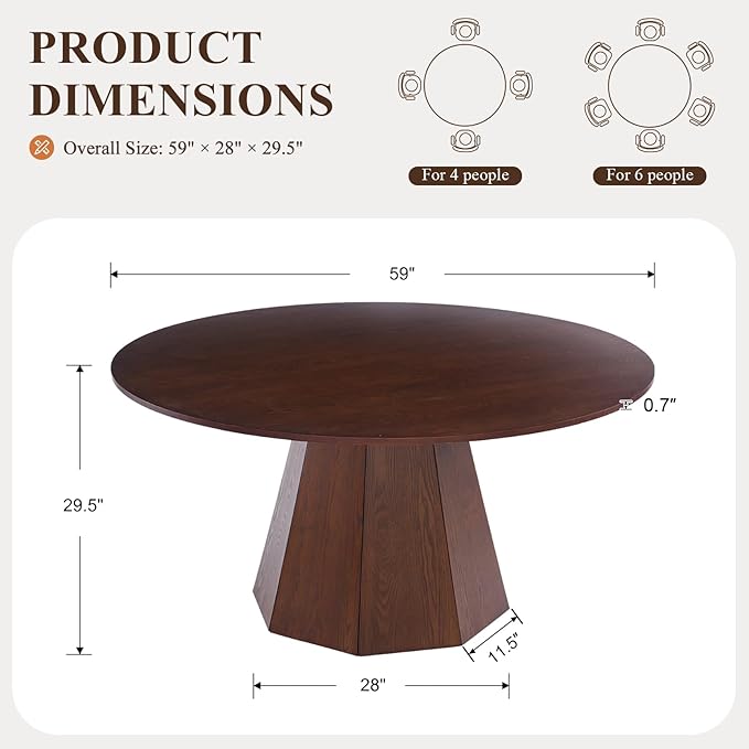 BESTANO 59" Round Dining Table for 4-6 People, Kitchen Dining Room Table with Wooden Pedestal Base, Circle Dinner Pedestal Dining Table for Dining Room (Table Only), Walnut