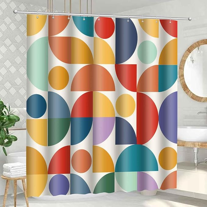Vintage Colorful Rainbow Mid Century Shower Curtain Modern Abstract Geometric Art Bathroom Curtain Decor 60x72 Inch Washable Fabric Bright Retro Boho Circle Patterned Bath Curtain with 10 Hooks