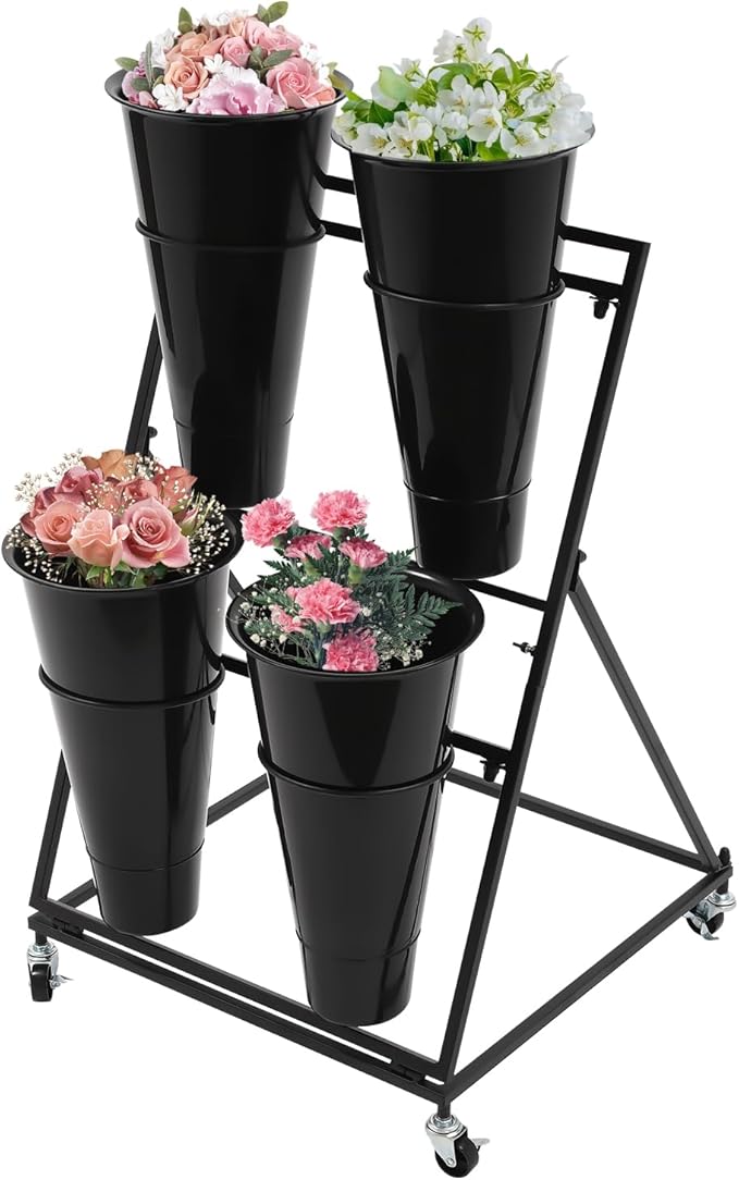 DYRABREST Flower Display Stand with Buckets, Black 3 Layers Metal Plant Stand with 4 Pieces Buckets, Moving Florist Bouquet Shelf for Fresh Flower Shop, for Patio Garden, Outdoor Flower Pop-Up Events