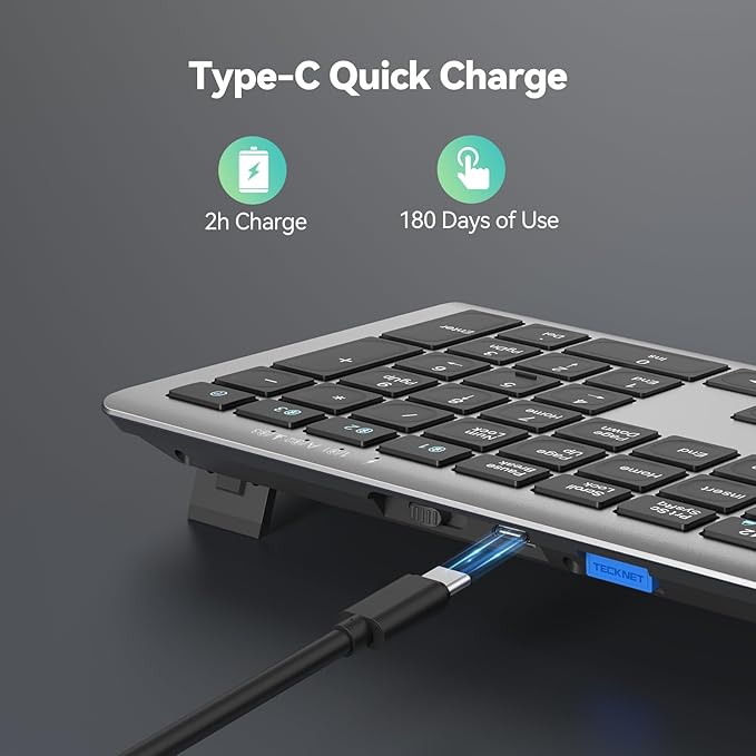 TECKNET Bluetooth Keyboard Rechargeable, 4-Device (2.4G+BT) Wireless Keyboard, Full Size Computer Keyboard with Stand, Ultra-Slim Quiet Typing, for PC/Laptop/Smart TV/Phone/Tablet, 12 Hotkeys