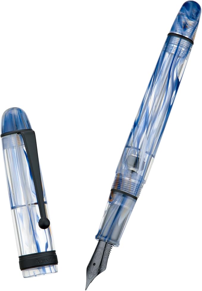 Asvine V126 Vacuum Filling Fountain Pen Matte Black Fine Point, Blue Swirl Acrylic Pen Gift Case