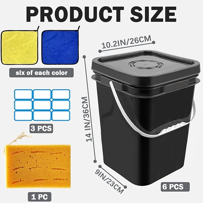 6 Pcs 5 Gallon Square Bucket with Lid,Industries Barrels with lid and Plastic Handle,Rain Buckets,Food Storage Containers DIY Label Stickers Towel and Brush for Paint Storage Tank Crafts