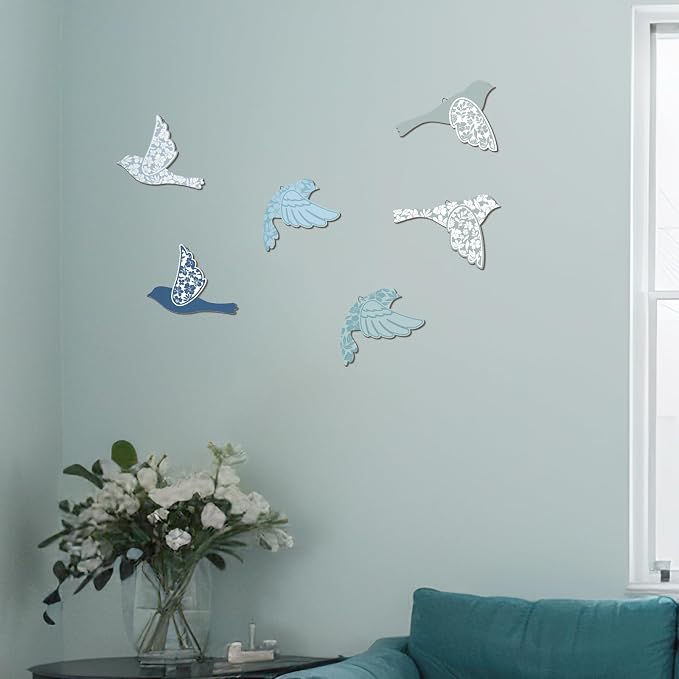 Wesiti 6 Pcs Blue Wooden Bird Wall Decor Scandinavian Wall Art Rustic Farmhouse Flying Bird Decor for Home Living Room Bedroom Decorations