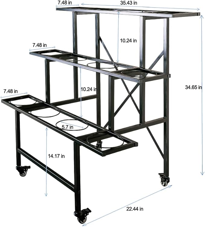 Zhongma 3 Tier Metal Flower Display Stand with 12pcs Plastic Buckets for Fresh Flowers Heavy Duty Garden Cart Moving Flower Bucket Stand with Wheels