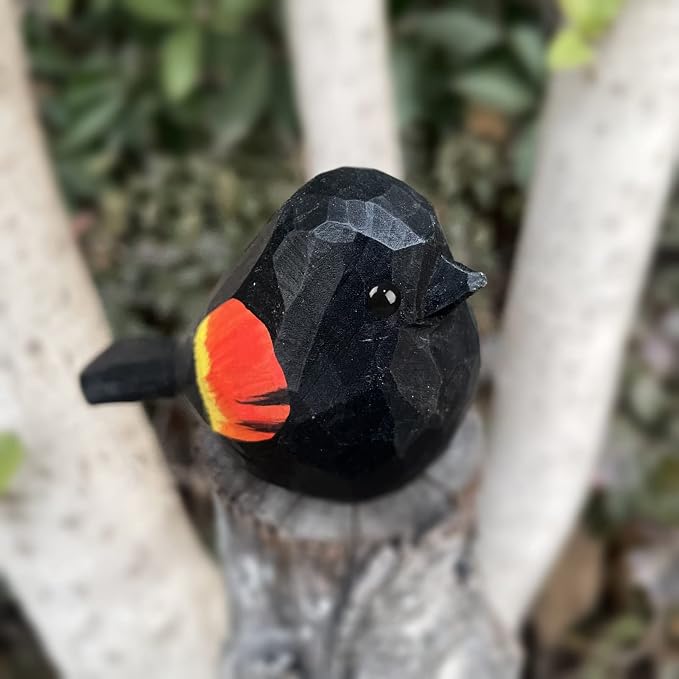 Bird Figurines Hand Carved Painted Wooden Statues for Home Decor, Gift for Bird Lovers,Housewarming, Birthday, Christmas, Anniversaries (NO.21-Red-Winged Blackbird)