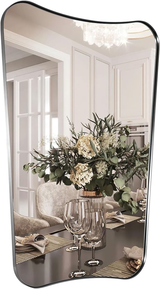 ANDY STAR Scalloped Bathroom Mirror, 26x38 Inch Brushed Nickel Frame Mirror, Silver Bathroom Vanity Mirror, Modern Scalloped Edge Design in Rust-Proof Stainless Steel 1” Frame
