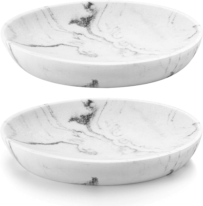 Luxspire Soap Dish 2 Packs, Resin Soap Tray Soap Holder Container Box, Marble Pattern Oval Soap Plate Case, Sponge Dish Scrubbers Tray Holder for Bathroom Vanity Shower Kitchen Sink, Gravel White