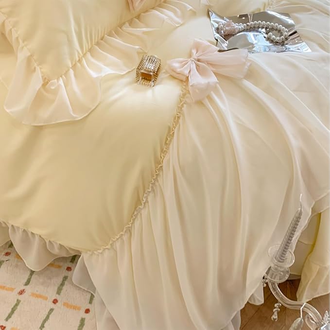 Lace Ruffled Bedding Bow Duvet Cover Set with Butterfly Tie, Soft Brushed Microfiber Shabby Chic Bedding Set with Zipper Closure-Yellow,Queen Size