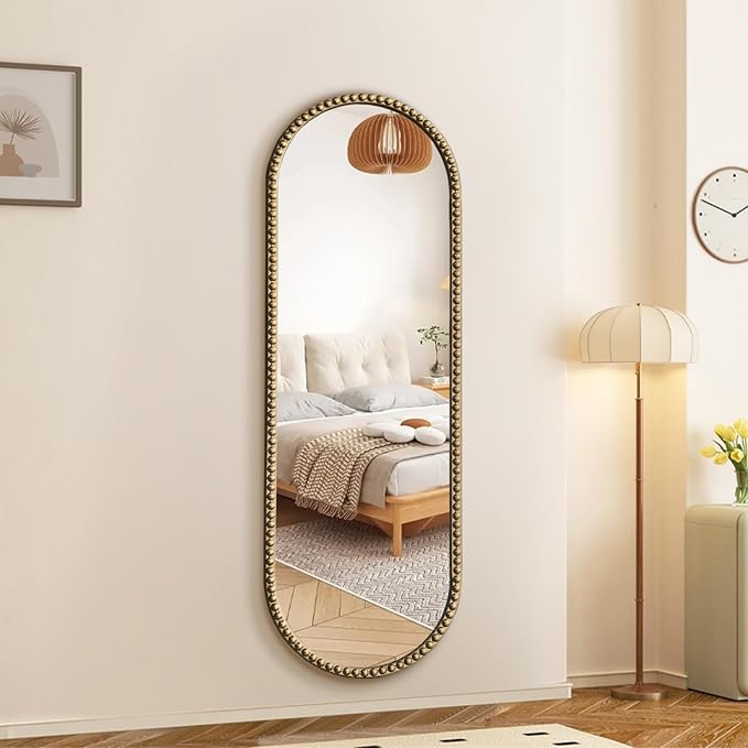 Antique Gold Full Length Mirror Vintage Oval Full Body Mirror Hanging Dressing Beaded Wall Mounted Mirror Decorative Wall Mirrors for Entryway Bedroom 53"X20"
