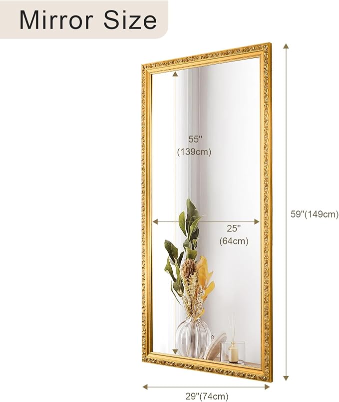 Large Decorative Mirror for Wall Decor, 59''x 29'' Gold Antiuqe Living Room Mirrors with Ornate Carvings Wood Frame, Big Vanity Mirror for Bathroom, Horizontal/Vertical