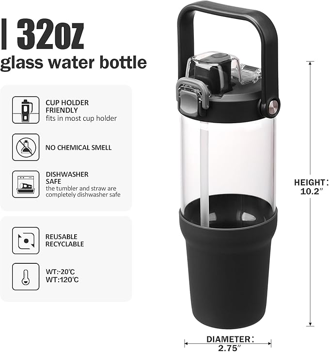 Glass Tumbler with Carry Handle, Clear Glass Water Bottle with Leakproof Lid, Spout Lid&Straw, BPA-Free, 32 oz, Black
