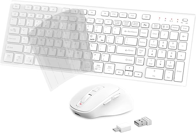 FENIFOX Wireless Keyboard and Mouse, Rechargeable USB C Combo Silent Quiet Compact Full Size Flat with Number Pad Soft Cover for Mac MacBook iMac Windows PC Laptop Computer Office - White