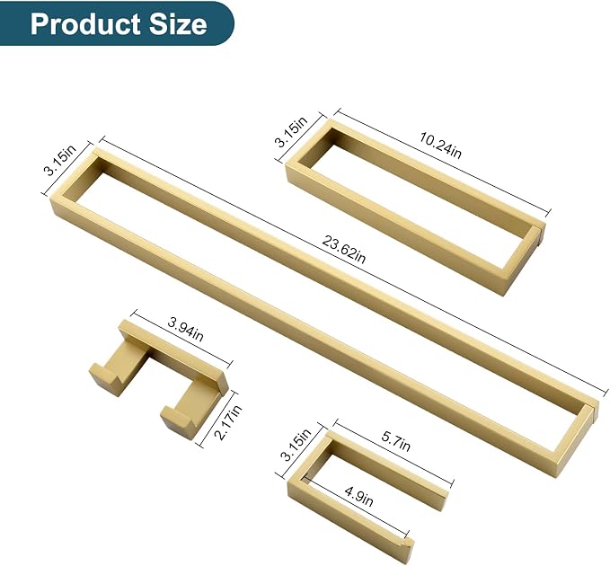 4-Piece Modern Gold Bathroom Hardware Accessories Set - Towel Bar & Holder, Stainless Steel, Wall Mounted, 23.6 Inch